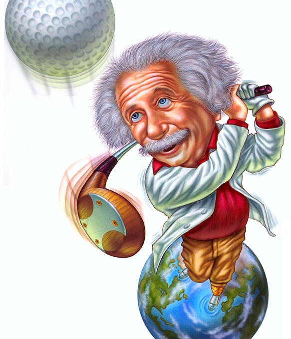 A satirical caricature Of Einstein playing golf in a forced perspective angle Famous people caricature artist